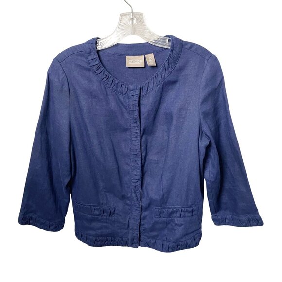 Chico’s Linen Ruffle Jacket Navy Blue Snap Front Cardigan Women’s Size O=Small - Picture 1 of 6